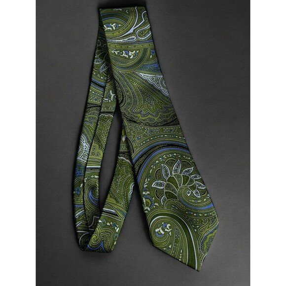 COUNTESS MARA 100% Silk Necktie Green Paisley Multicolor Striped Tip - Picture 13 of 14